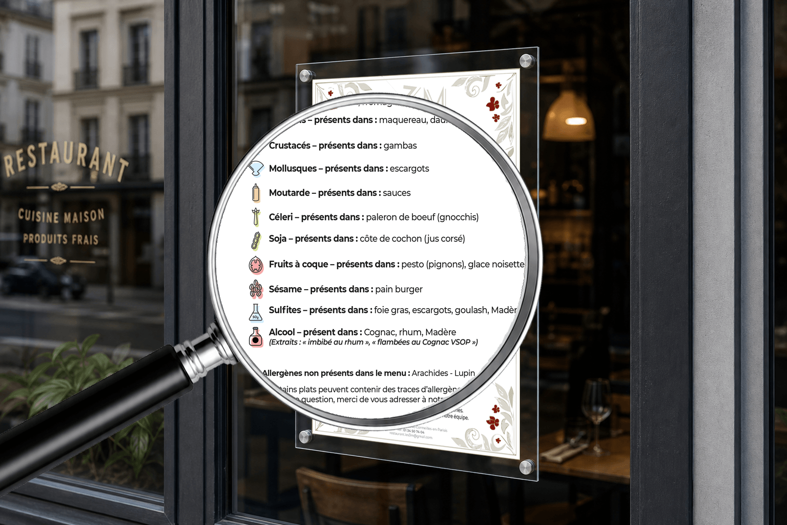 Affiche allergenes dans la vitrine d'un restaurant
